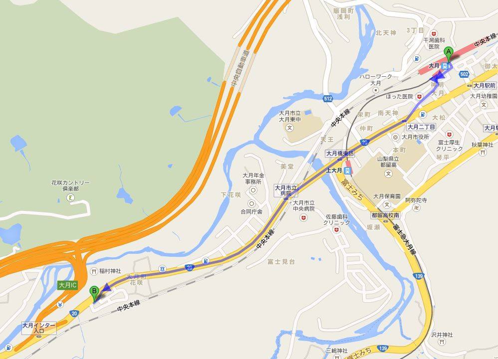 JR大月駅からは、甲州街道(国道20号)を通って矢印方向に進み、(B)のマークが打たれている場所が、ボランティアの集合場所となります。 自動車でのアクセスの場合は、中央自動車道・大月ICを下りてすぐの場所にあります。