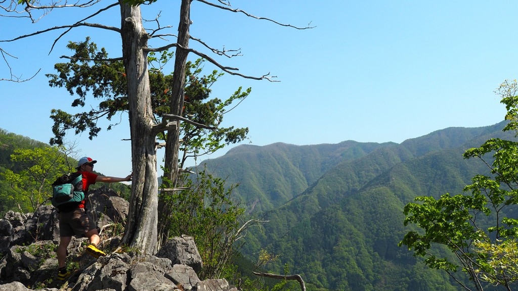 一石山への急登を登りきったところにある燕岩の岩峰からは周囲の山々がよく見渡せます。（ここまでのルートが険しかったため、mont-bellのイヌ用ザックに愛犬をいれてここまで上がってきました）