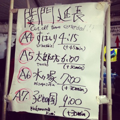 きらら前にファミレスでそそくさと夕食を済まし、さぁここからpark石井さんと二人でサポ開始。ただIBUKIの仲間や他の知り合いも多いので、連動しつつ良い感じでやれそうです。仲間が来るたびに応援しつつサポという感じ。テント内は人が多く基本外でランナーの皆さんの応援がてら待機していましたが、まだそれほど寒くない感じでした。ダウンジャケット着たり脱いだり。選手も走りやすいかも。ただ、途中渋滞の関係で関門が延び、最後の仲間を見送ると、もう最初の仲間がA4すばしりに着く時間が間近…!ダッシュですばしりへGOです!これはほんとに忙しい&せわしない!
