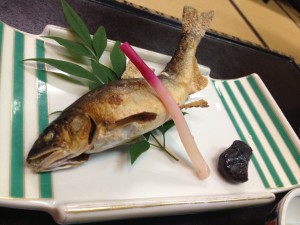 お宿でいただいたご馳走の中でアユが美味しかったんです。お酢の[正式には名前を忘れました）たれにつけていただきました