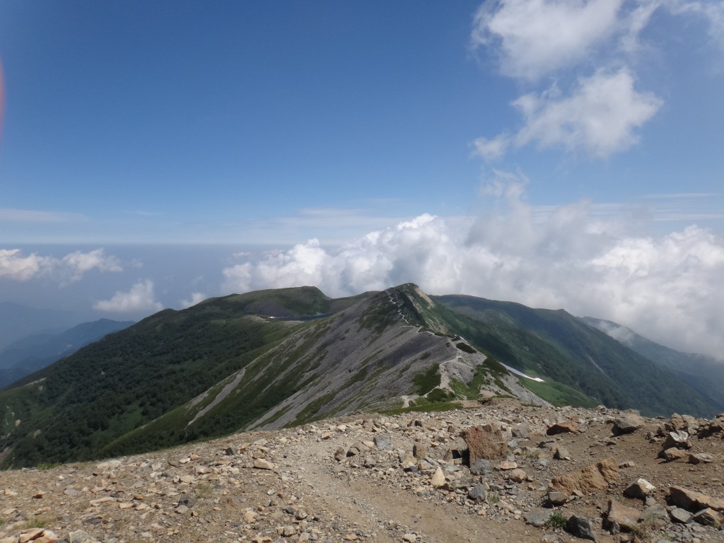 小蓮華山へ向かう途中から白馬大池を振り返って。この日は天気が最高。稜線が本当に気持ちよかったです。。