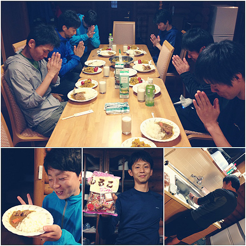(写真上)朝晩のご飯を仕込んでくれた6号妻チエコちゃんに感謝して、いただきます! (下左)カレーににんまり、しょんしょん丸くん (下中)しるこサンドにどや顔のスイーツ王子 (下右)2013'皿洗い男気じゃんけんチャンピオンに輝いた、のまダッシュさん=
