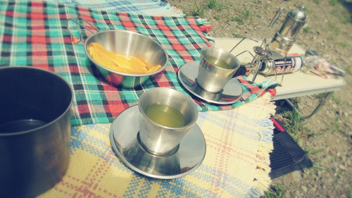 出発の支度を終えて、キャンパー有名人のsamさんにお茶をご馳走になりました♪（グリーンティーのエスプレッソとドライフルーツだなんて、超オシャンティー）
